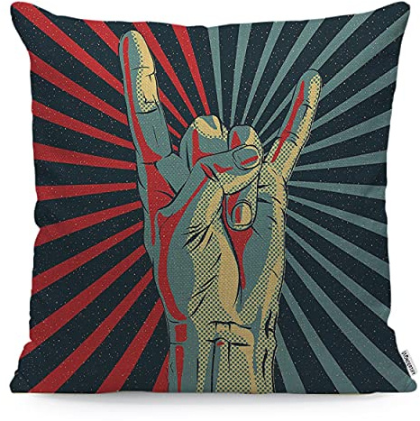 Wondertify Kissenbezug, Motiv: Geste, Liebe, Musik, Rock n Roll, dekorativer Sofakissenbezug, 45 x 45 cm, Rot/Blaugrün