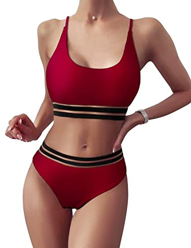 TOMEEK Damen Bikini Set mit Mesh Zweiteilig Badeanzug Push up Gepolstert High Cut Sport Bademode Hohe Taille Bikinis für Frauen(Weinrot,S)
