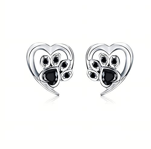BLEKKI Ohrstecker Silber 925 Pfoten Mit Zirkonia - Echt Silber Ohrringe Für Damen und Mädchen - Katzenpfote Hundepfote - Ohrringe Silber 925 Stecker (schwarz)