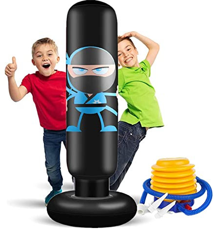 EIVONDA Boxsack Kinder 160cm Aufblasbarer Ninja Punchingball Standboxsack mit Luftpumpe zum Üben Boxen MMA Karate Taekwondo und zum Abbau aufgestauter Energie bei Kindern (Neues Ninja Schwarz)
