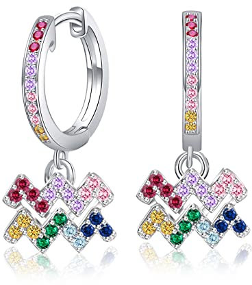 Wassermann Sternzeichen Ohrringe mit Bunt Zrkonia - Qings Damen Mädchen Creolen 925 Sterling Silber Klein Horoskop Anhänger Hängend Hoop Ohrringe 12 Konstellation Sternbild Astrologie Schmuck Geschenk