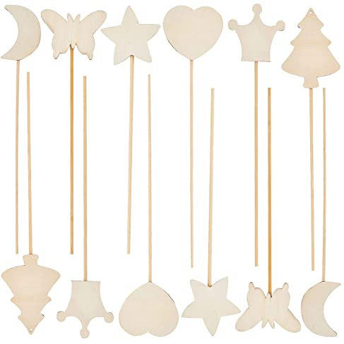 WiDream 12 Pcs Baguettes Magiques en Bois, Baguette Princesse Bricolage, Baguette Magique de Fée, Couronne, étoiles, Lune, Cœur, Sapin de Noël, Papillon