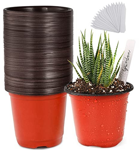 TDHDIKE Lot de 50 petits pots de fleurs en plastique de 10,2 cm pour semis, fleurs et semis avec 50 étiquettes