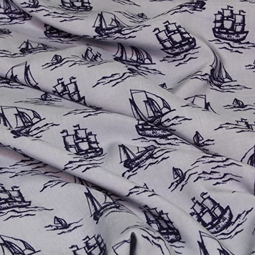 Stoff Meterware Segelschiffe Viskose - 1 Meter, Kinderstoff, Meer, Ozean, Maritim, Boote, Bekleidung, Bluse, Schal, Tuch, Deko, Nähen, DIY (Hellblau)