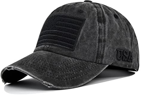 American Flag Baseball Cap, Embroidery Adjustable Washed Vintage Cotton Denim Distressed Hat for Women Men