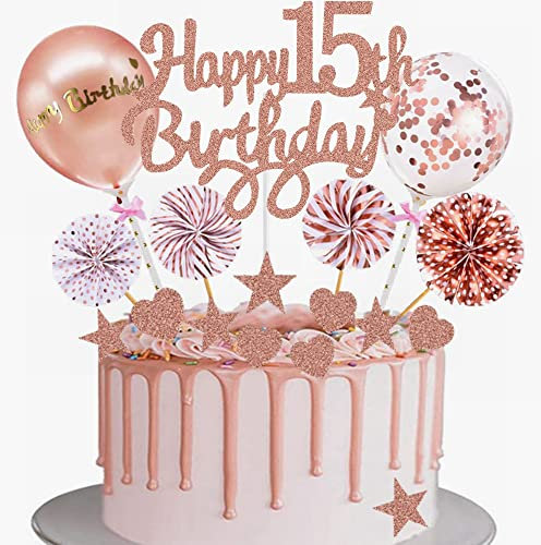 Yunchu Online Tortendeko 15. Geburtstag Mädchen - Happy 15th Birthday Cake Topper Roségold - Kuchen Topper 15 Jahre - Kuchendeko Cupcake Toppers