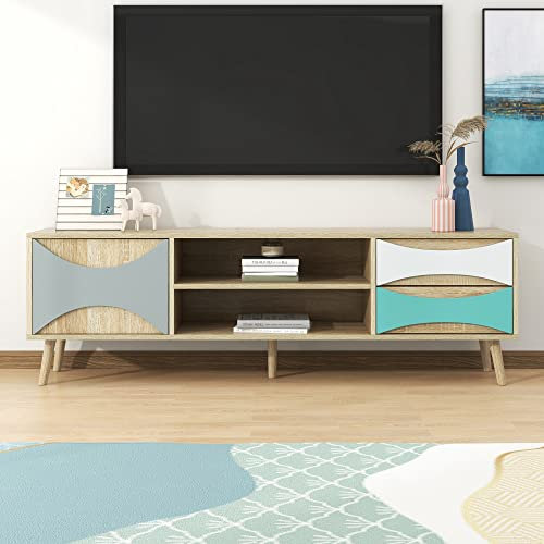 Moimhear Mueble de TV retro con moderno mueble de TV con puertas en forma de media luna y compartimentos en bloques de color, gran espacio de almacenamiento. 150 x 30 x 47 cm