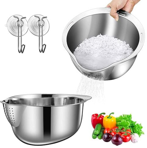 Qivine Escurridor Verduras, Acero Inoxidable Cuenco para Lavadora, 2Piezas Cuenco de Lavado Arroz Lavadora de Frutas, Utensilio De Cocina Versátil para Limpiar Frutas Verduras Frijoles