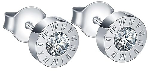 INFINIONLY Men's Boy's Stainless Steel Earrings Studs Novelty Earrings for Women Roman Numerals Stones Earrings Diameter 8mm Creative Stainless Steel Jewellery, Silver