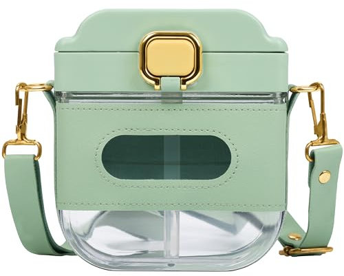 BELLE VOUS Bottiglia Quadrata - Bottiglia Verde con Cinturino Regolabile - Borraccia di Plastica Riutilizzabile - Contenitore da 700 ml con Cannuccia - Borraccia Portatile