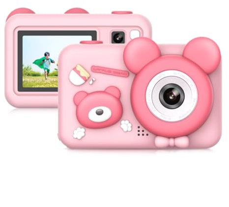 Double caméra Photo 2023 et HD Compact Caméra Enfant avec carte mémoire 32 go marron,Appareil Photo Numérique étanche,Appareil Photo Instantané Enfants pour protection de dessin animé mignon (Rose)