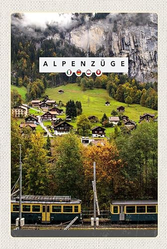 AGDeko® Schild aus Holz 12x18 cm Alpenzüge Schweiz Bahn Tal Häuser zum Aufhängen oder Stellen Raum Dekoration