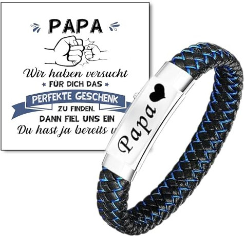 Jbniuay Vatertagsgeschenk für papa - Armband Papa Vatertag- Lederarmband - Adjustable Armband Papa Leder mit Gravur blau schwarz Edelstahl geflochten Armreif für Dad Vater Geschenk