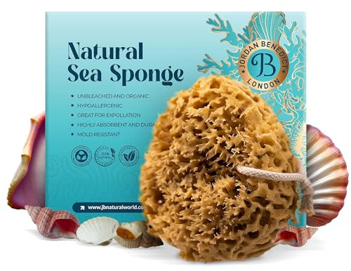 Jordan Benedict Natural Sea Sponge, Unbleached Honeycomb Shower Sponge, Body Sponge on a Rope, Exfoliating Bath Sponge, Organic Bath Sponges for Adults (L Pack of 1)