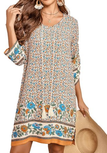 Zeagoo Sommerkleider Damen Bohemian Strandkleid Elegant Sommer Casual Blumen Kurzes Kleid Midikleid Freizeitkleider Mode Dress L