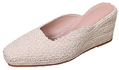 Sandalias Doradas Mujer Sandalias de cuerda de lino tejidas de paja de gruesa con punta cuadrada estilo primavera para comercio exterior Sandalias Brillantes Mujer (Beige, 4