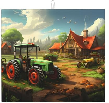 YYHWHJDE Abtropfmatte mit Traktor-Farm-Druck für die Küche: wasserabsorbierend, wendbar, mit Umhängeband zum Aufhängen, 45,7 x 40,6 cm