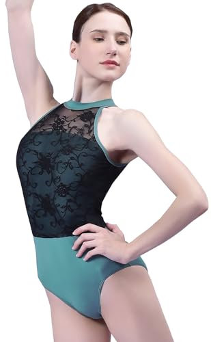 s.lemon Ballett Trikot Spitze,Damen Ärmellos Mock Nacken Gymnastik Balletttrikot Grun 160