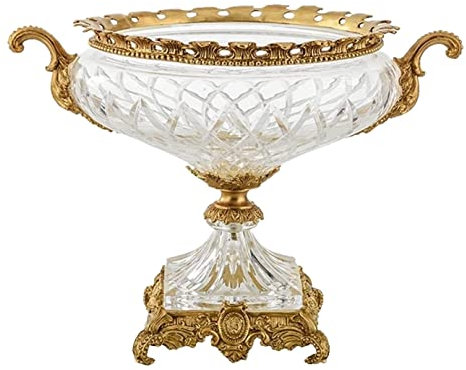OUYUE Cesta De Frutas Plato Redondo De Cristal Transparente para Fruta, Decoración De Escritorio para El Hogar, Plato De Fruta, Cuenco para Dulces, Base De Latón Fruteros
