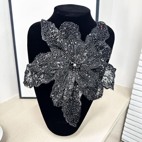 Stickerei Spitzen Blumen Patches + Anstecknadel,Blumenstickerei Applikationen Aufnäher mit Pailletten Perlen Patches Annähen Spitzenapplikationen für DIY Handwerk Kleidungsdekoration,Schwarz