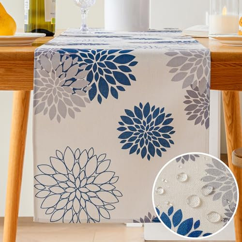 Vorysum Tischläufer Blumen Navy Blau Dahlien Tischläufer Modern Wasserabweisend Leinen，Dekoration Tischdecke Outdoor Sommer Garten für Hochzeit Esszimmer Party Urlaub Dekor 40 x 140 cm