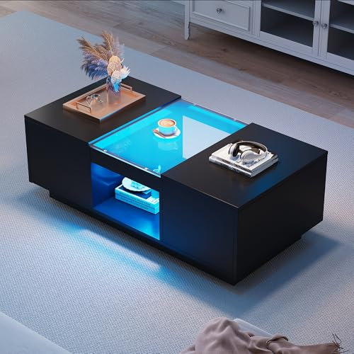 YESGIGA Couchtisch mit Glasverkleidung, LED-Beleuchtung, App-Steuerung, 2 Schubladen und 1 offenes Fach (Schwarzer)