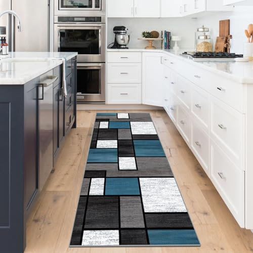 WTHYGB Teppich Läufer Flur rutschfest 80x120 cm Teppichläufer Flur Waschbar, Lang Modern Küchenteppich, Flurläufer, Teppich Läufer für Flur, Küche, Korridor, Schlafzimmer, Wohnzimmer, Blau