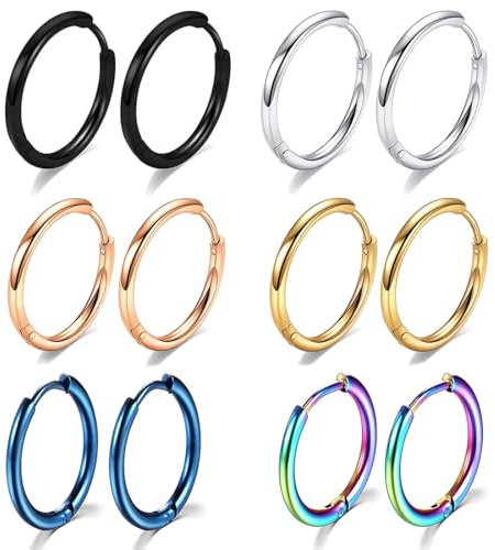 6 Paia Orecchini a Cerchio in Acciaio Inossidabile Piccoli Orecchini a Cerchio Cartilagineo Anelli per Labbra Naso per Uomini e Donne(Acciaio, oro, oro rosa, blu, nero, colore, 8 mm)