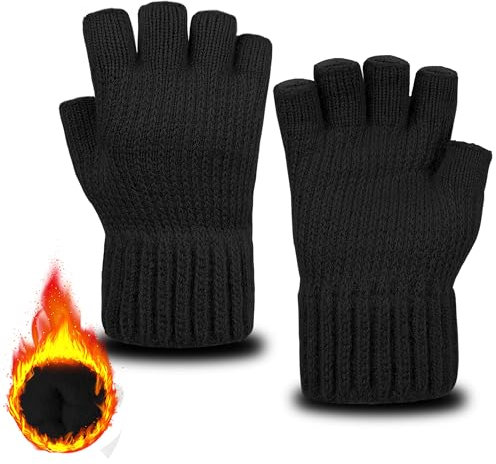 ehsbuy Guanti senza dita da uomo, termici, foderati in morbido pile, mezze dita, invernali, caldi guanti lavorati a maglia, per lavoro, guida, ciclismo, sport all'aria aperta