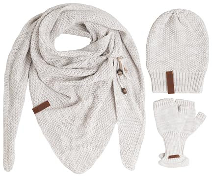 KNIT FACTORY - Damen Winter Set - Coco Dreiecksschal, Coco & Cleo Handstulpen - Winterschal, Wintermütze und Handschuhe - Gefertigt aus 30% Wolle und 70% Polyacryl - Beige