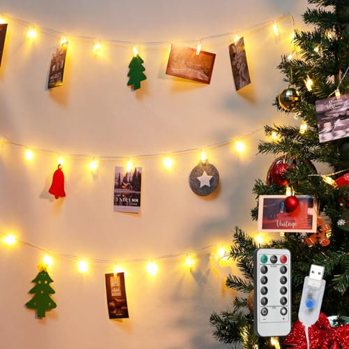 Aigostar 2M 10LED Clip Cadena de Luces con 10 Pinzas para Colgar Fotos, Guirnaldas de Luces con Control Remoto, Fotoclips Guirnalda de Decoración para Navidad, Habitaciones, Bodas (Blanco Cálido)