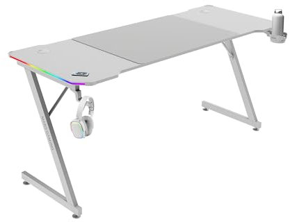 MARSGAMING MGD-X160RGB, Scrivania Gaming Ergonomica, Illuminazione ARGB con Telecomando, Fibra di Carbonio, Tappetino XXL, Supporto Cuffie e Bevande, Gestione Cavi, Scrivania Gaming 160x60cm, Bianco