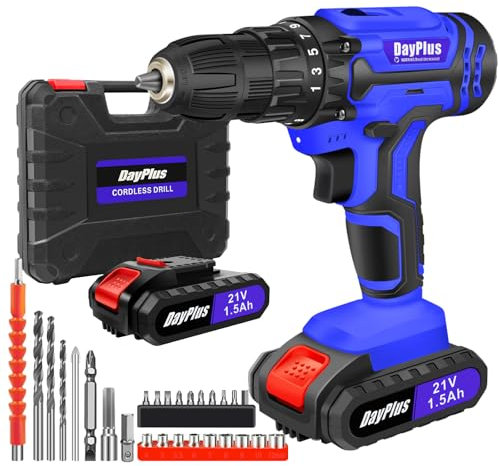 21V Cordless Drill,Cordless Drill with2*1.5mah Batteries， 25+1 Torque Setting，45Nm Torque Max，2-Speed，Built-in LED，29 Accessories，Power Drill for Drilling and Tightening/Loosening Screws
