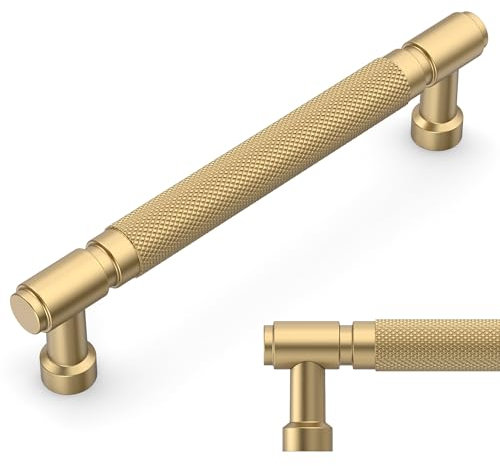 Amerdeco 10 Pack Gold knurled Cabinet Pulls 5 Inch(128mm) Hole Center Drawer Pulls Cabinet Hardware Kitchen Cabinet Handles for Bathroom AM032