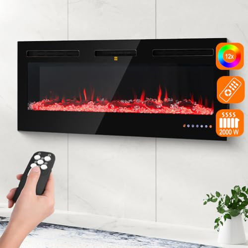 BAKAJI Camino Elettrico a Incasso Livigno con Cornice Nera 2000W, Caminetto Muro con Telecomando, Stufa a Parete Effetto Fuoco Realistico, Termostato Digitale, Protezione Surriscaldamento (52 Pollici)