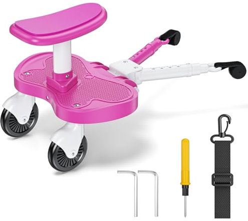 BugyKido Buggy Board, Trittbrett für Kinderwagen Universal für Kinder von 2-6 Jahren, Trittbrett Kinderwagenzubehör mit Sitz max. Belastung von 25kg, Rosa