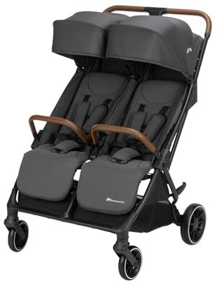 Bebeconfort Mane, Duo Geschwisterwagen, 0+ bis 22 kg, Automatisches Klappsystem, Liegeposition, Drehbare Sicherheitsbügel, 5-Punkt-Gurt, Mesh-Fenster, Regenverdeck, Tasche (8 kg), Mineral Graphite