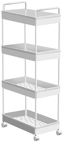 Xinng 4-Tier Servierwagen mit Rollen, Küchenwagen aus Metall mit Bremsen, Mobiler Allzweckwagen für Wohnzimmer, Küche, Bar, Büro – Stabiler Rollwagen mit 3 Ebenen, Weiß, 38.8x21.8x90cm