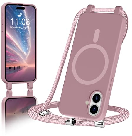 ColasGalys für handykette iPhone 16 Hülle mit Band Magnetisch Kompatibel mit Mag Safe für Handyhülle iPhone 16 mit Band Kratzfest TPU Silikon rosa