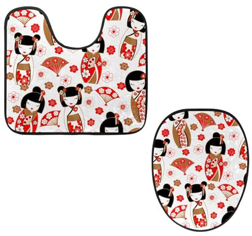 Eslifey Toilet Lid Cover and U-Shaped Toilet Floor Mat Set of 2 Pieces, Kokeshi Japanese Dolls Toilet Mat Set, Machine Washable Seat Covers Non-Slip Absorbent Rugs