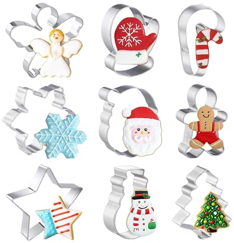 Moshiqgaol 9 Stück Plätzchen Ausstecher, Ausstechformen Weihnachten Edelstahl, Keksausstecher Weihnachten Set, Baum, Schneeflocke, Zuckerstange, Weihnachtsmann, Schneemann, für Backen Fondant Torten