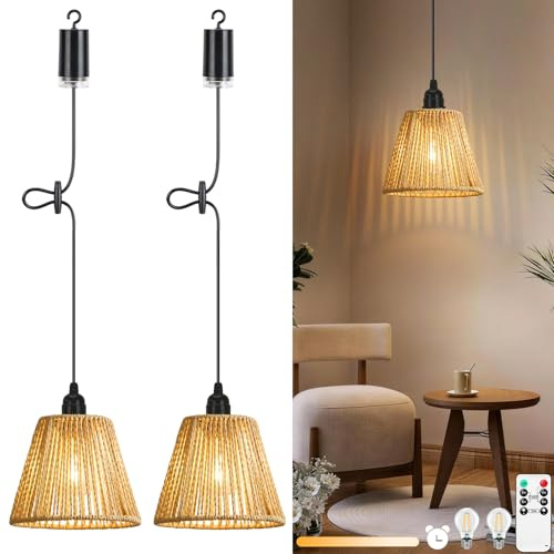 Lightess 2 Pack Battery Powered Outdoor Lights with Remote Control,Dimmable Outdoor Hanging Lights Outdoor Chandelier IP65,Handmade Boho Rattan Lampshade Portable for Gardens,Patios,Dining Tables