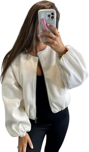 Seemefashion Womens Zip Bomber Jacket Ladies Long Balloon Puff Sleeve Pocket Zipper Jumper Crop Top