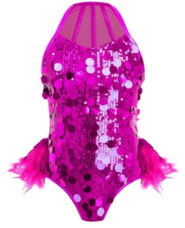 TiaoBug Body Danza Classica Moderna Bambina Abito da Ballo Latino Americano Tango con Piume e Paillettes Balletto Leotards Bodysuit Costume da Danza Samba Rumba Salsa
