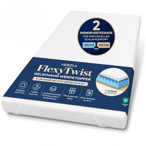 HERZtal FlexyTwist Gelschaum Wendetopper, 8 cm, 7-Zonen Ergonomie, Gel Memory Foam & Komfortschaum, 2 Wendehärtegrade H2/H3 oder H3/H4 (140x200, H3/H)