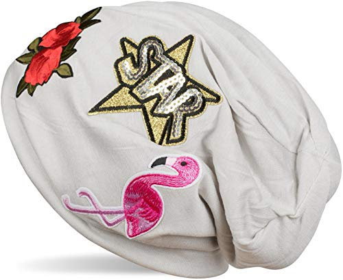 styleBREAKER Beanie Mütze mit Patches, Flamingo, Rosen, Star Stern Pailletten Patch, Slouch Longbeanie, Unisex 04024114, Farbe:Hellgrau