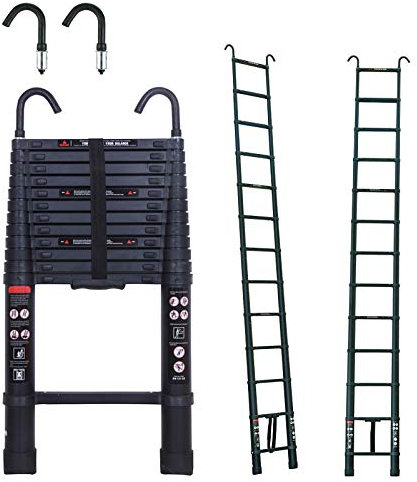 DICN Extension Ladder Retractable with Hooks Detachable Compact Save Space Extends to 3.8M 12ft 330lb Max Load Aluminium Portable for Roof Works Household Office Home Attic Loft Ladders