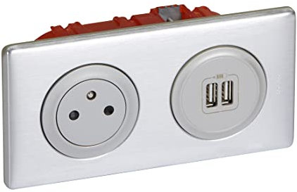LEGRAND - Prise Electrique Murale + Double Chargeur USB Céliane Surface avec Plaque et Boîte à Encastrer - Prise Affleurante avec Socle Rétractable - Alu