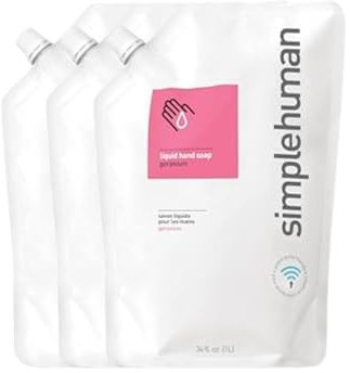 simplehuman 1L Geranium Hand Wash Liquid Soap (Pack of 3), Moisturising, Suitable for Sensitive Skin, Hypoallergenic (DEA, Sulphate and Paraben Free), Biodegradable, Liquid Soap Dispenser Compatible
