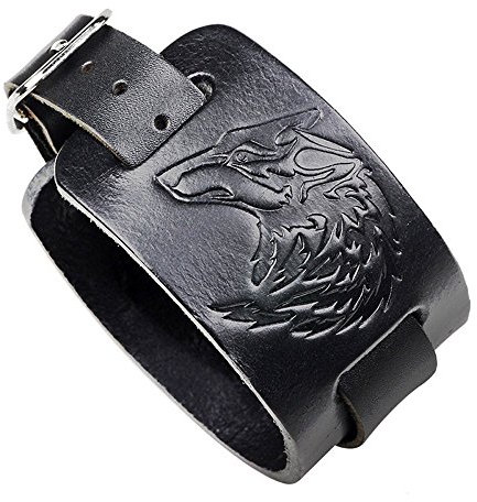 Thajaling Schwarzes Leder Armband Wolf Kopf Lederarmband Punk Style Wide Armreif Armband Lederarmbänder für Männer und Frauen